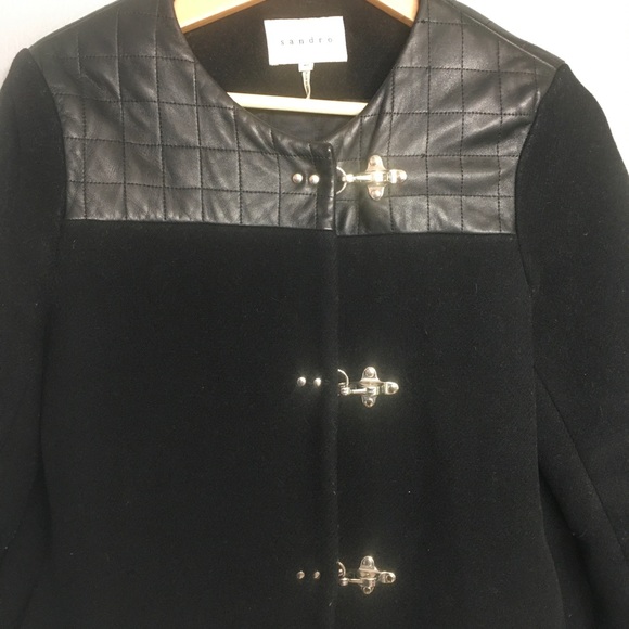 SANDRO | wool & quilted leather black toggle coat - Picture 4 of 9